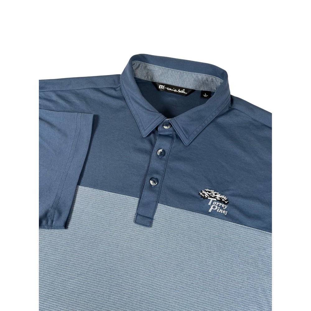 Travis Mathew Torrey Pines Golf Polo Short Shirt Blue Color Block Men's Sz Lg